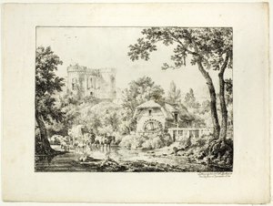 Landskab med mølle og slot af Achille Etna Michallon