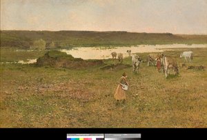 Near Sesto Calende, Lombardy, Italy or "Grazing in the Plain" (nær Sesto Calende, Italien eller græsning på sletten) Maleri af Achille Formis (1832-1906) 1887 Privat samling af Achille Formis Befani