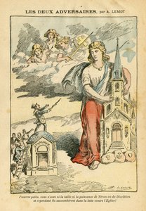 Illustration af Achille Lemot (1846-1909) i Le Pelerin, 09/09/06 - De to modstandere - Antisemitisme, Religion Tro, Trefarvet Flag, Cathedrale Churches, Synagoge, Katolsk Katolicisme - Allegori, Skalaændring af Achille Lemot
