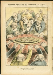 Illustration af Achille Lemot (1846-1909) i Le Pelerin, 03/06/06 - Næste udlejning af kamrene - Antiparlamentarisme, Deputeretkammeret Hemicycle, Galette des rois - Deputeret af Achille Lemot