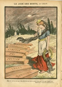 Illustration af Achille Lemot (1846-1909) i Le Pelerin, 03/11/07 - De Dødes Dag - Retfærdighedsprocedurer, Religion Tro, Liberte, Frankrig, Trefarvet Flag, Patriotisme, Sørgende Obseque Begravelse, Ære, Kist - Marianne - Døden, religiøs metafor af Achille Lemot