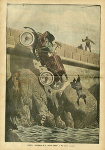 Illustration af Achille Lemot (1846-1909) i Le Pelerin, 05/05/07 - I Cannes falder hr. Liegards bil til havet - Diverse fakta, Bilindustri, Marine Marine Seaside, Ulykker Katastrofer af Achille Lemot