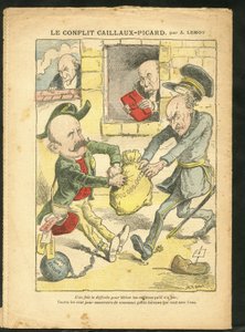Illustration af Achille Lemot (1846-1909) i Le Pelerin, 07/03/09 - Caillaux-Picard-konflikten - Beskatning, indkomstskat - Combes Emile (1835-1921), Clemenceau George, Caillaux Joseph (1863-1944) af Achille Lemot