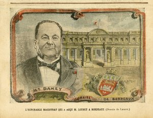 Illustration af Achille Lemot (1846-1909) i Le Pelerin, 07/05/05 - Den ærede dommer, der modtog M. Loubet i Bordeaux - Architecture Urbanisme, Republikkens præsident, Bordeaux - Borgmester, Daney Alfred (1832-1911) af Achille Lemot