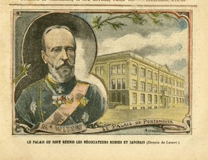 Illustration af Achille Lemot (1846-1909) i Le Pelerin, 20/08/05 - Paladset, hvor russiske og japanske forhandlere genforenes - Rusland, Japan, den russisk-japanske krig, Portsmouth - Witte Serge (1849-1915) af Achille Lemot