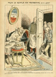 Illustration af Achille Lemot (1846-1909) i Le Pelerin, 23/07/05 - Hvordan man opfylder sit program - Social, Misere, Gastronomi kok, Socialisme - Jaures Jean, Deputeret, Homemans - Mad Metafor, Opposition/Association af Achille Lemot