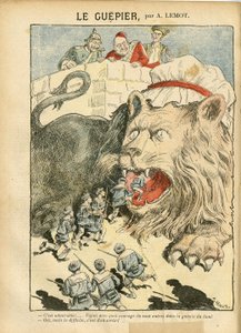 Illustration af Achille Lemot (1846-1909) i Le Pelerin, 25/08/07 - Le Guepier - Krig, Tyskland Preussen, England Storbritannien, Spanien, Maritime Marine Seaside - Lion/Tiger af Achille Lemot