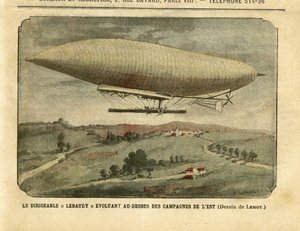Illustration af Achille Lemot (1846-1909) i Le Pelerin, 26/11/05 - Luftskibet "" Lebaudy"" udvikler sig over det østlige landskab - Kampagne, Balloner luftskibe zeppelinere aerostation, Lebaudy af Achille Lemot