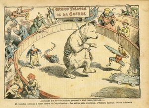 Illustration af Achille Lemot (1846-1909) i Le Pelerin, 28/02/04 - Forskellige nationers holdning... - Rusland, russisk-japansk krig - Combes Emile, Bjørn, Fair Bear - Animalisering, Karneval/Spil/Cirkus