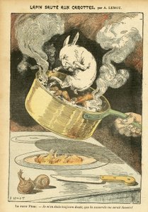 Illustration af Achille Lemot (1846-1909) i Le Pelerin, 29/01/05 - Kaninjumte med gulerødder - Arkivetui, Gastronomi køkken - Combes Emile (1835-1921), Kanin - Kasserolle - Madmetafor, Animalisering af Achille Lemot