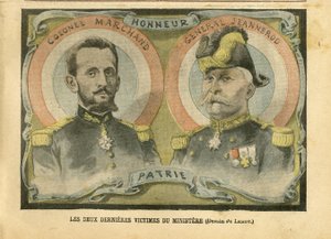 Illustration af Achille Lemot (1846-1909) i Le Pelerin, 29/05/04 - Ministeriets to sidste ofre - Armee, Ministere de la guerre, Patriotisme - Laicisation Laicite Sekulære love - Marchand Jean-Baptiste (1863-1924) , General Generaux, Jeannerod Gaspa af Achille Lemot