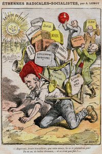 Radikale-socialister (socialistiske radikale): tegneserie af Achille Lemot (1846-1909) i Le Pelerin (1909) - en arbejder styrter ned under byrden af skatter, skatter og gener som følge af dårlig ledelse af regeringen og Georges Clemenceau - strejker, d.