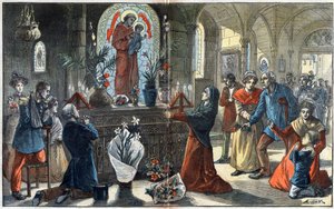 Hengivenheden til den hellige Antonius af Padova (San Antonio di Padova) genforener foran hans alter alle samfundets klasser - Illustration af Achille Lemot i "" Le-Pelerin"" fra 1896 af Achille Lemot