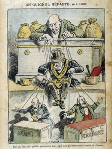 Pengenes magt, der manipulerer frimureren, der manipulerer de valgte repræsentanter for senatet og forsamlingen - af Lemot, i "" Le Pelerin""
