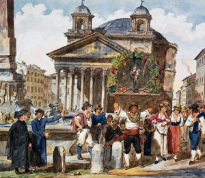 Jordbærfestival ved Pantheon i Rom, Akvarel af Achille Pinelli (1809-1841), Italien
