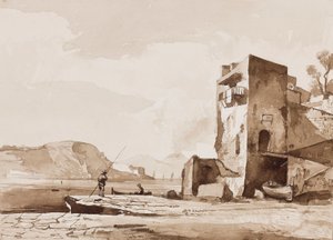 Muligvis en udsigt fra Posillipo, med Vesuv i det fjerne, med tilføjelser af en Borbone-pupil (blyant og sepia-vaske på papir) af Achille Vianelli