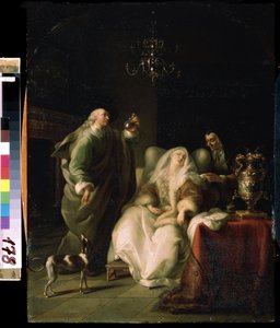 ""La consultation du medecin"" (Syg kvinde og en læge) Lægen undersøger et hætteglas med urin under konsultationen af ​​en syg dame. Maleri af Adam Braun (1748-1827) Mikhail Kroshitsky kunstmuseum, Sevastopol (Sevastopol) Ukraine af Adam Braun