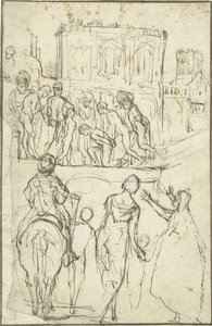 Tysk: Josephus wird von Nicanor vor Kaiser Vespasianus geführt Josephus ledes af Nicanor før kejser Vespasian af Adam Elsheimer