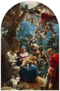 Italiensk: sacra famiglia con san giovannino e un angelo Den hellige familie med spædbarnet Johannes Døberen og engle af Adam Elsheimer