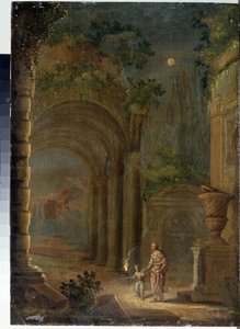 "Landskab af ruiner ved måneskin" Maleri af Adam Elsheimer (1578-1610) Statens friluftsmuseum Palace Gatchina, Sankt Petersborg, Rusland