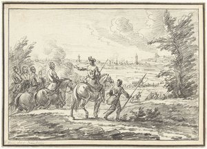 Ryttere på en bakke foran en by af Adam Frans van der Meulen (possibly)