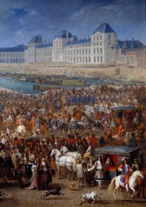 Gårdhave og bastards. Højre detalje af Ludvig XIV (1638-1715), der krydser Pont Neuf i sin vogn. Maleri af Adam Francois Van Der Meulen (1632-1690) af Adam Frans van der Meulen