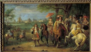 Kong Ludvig XIV (1638-1715) og dronning Marie-Therese af Østrig (1638-1683) gående foran slottet Vincennes i 1669 Maleri af Adam Frans Van der Meulen (1632-1690) af Adam Frans van der Meulen