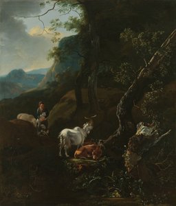 En hyrdinde med dyr i et bjergrigt landskab