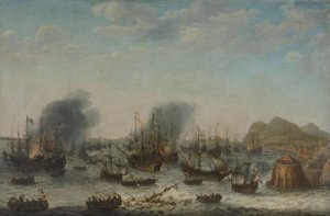 Spaniernes nederlag ved Gibraltar af en hollandsk flåde under kommando af admiral Jacob van Heemskerck, 25. april 1607 af Adam Willaerts (signed by artist)