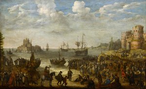 Kristus prædiker fra et skib på Genesaret Sø (Lac de Tiberiade) - af Willaerts, Adam (1577-1664). Olie på lærred