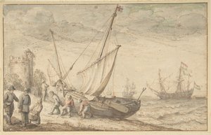 Fiskere trækker deres båd ind på kysten, n.d. af Adam Willaerts