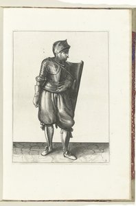Øvelsen med skive og griber: soldaten bringer skiven fra ryggen over venstre skulder (nr. 2), 1618 Nassausche Wapen-Handelinge, van Schilt, Spies, Rappier and the Targe: beyde figuerlick afbildet, og det indrammede efter den nye orden [af] (... af Adam van Breen
