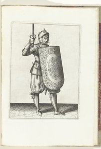 Mål- og raperøvelsen: Soldaten holder den tegnede griber ikke højere end sit ansigt (nr. 5), 1618 Nassausche Wapen-Handelinge, van Schilt, Spies, Rappier and the Targe: beyde figuerlick afbildet, og indrammet efter den nye orden [af] af Adam van Breen