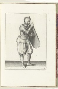Boret med skiven og griberen: soldaten holder skiven med højre hånd og griber bæltet med venstre (nr. 3), 1618 Nassausche Wapen-Handelinge, van Schilt, Spies, Rappier and the Targe: beyde figuerlick afbildet, og indrammet efter af Adam van Breen