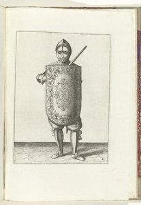 Boret med skive og griber: soldaten holder skiven foran brystet og den trukne griber mod venstre skulder (nr. 6), 1618 Nassausche Wapen-Handelinge, van Schilt, Spies, Rappier and the Targe: beyde figuerlick afbildet, ende indrammet efter