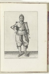 Boret med skiven og griberen: soldaten i hvile med skiven på ryggen (nr. 1), 1618 Nassausche Wapen-Handelinge, van Schilt, Spies, Rappier and the Targe: beyde figuerlick afbildet, og indrammet efter den nye orden [af] (...) Maurits van Nassa af Adam van Breen