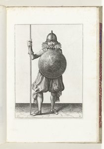 Øvelsen med skjold og spyd: soldaten bringer spydet tilbage til hvilestilling i tre gange, tredje sats (nr. 12), 1618 Nassausche Wapen-Handelinge, van Schilt, Spies, Rappier and the Targe: beyde figuerlick afbildet, og indrammet efter af Adam van Breen
