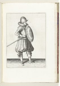 Skjold- og piggeøvelsen: Soldaten flytter piggen til trækposition på to gange, anden bevægelse (nr. 14), 1618 Nassausche Wapen-Handelinge, van Schilt, Spies, Rappier and the Targe: beyde figuerlick afbildet, ende indrammet efter den nye af Adam van Breen