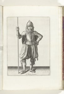 Skjold- og spidsøvelsen: Soldaten i hvile, spids i hånden og skjold på ryggen (nr. 1), 1618 The Nassausche Wapen-Handelinge, van Schilt, Spies, Rappier and the Targe: beyde figuerlick afbildet, ende indrammet efter den nye orden [af] ( af Adam van Breen