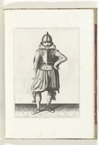 Skjold- og piggeøvelsen: Soldaten stående i ro med skjoldet på ryggen (nr. 27), 1618 Nassausche Wapen-Handelinge, van Schilt, Spies, Rappier and the Targe: beyde figuerlick afbildet, og det indrammede efter den nye orden [af] (...) Maurits v. af Adam van Breen