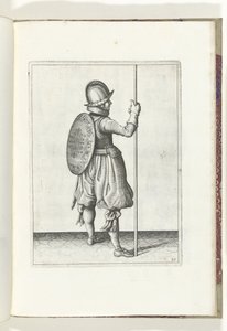 Skjold- og piggeøvelsen: Soldaten stående med piggen hvilende på jorden ved siden af ​​højre fod (nr. 30), 1618 Nassausche Wapen-Handelinge, van Schilt, Spies, Rappier and the Targe: beyde figuerlick afbildet, og indrammet efter den nye orden af Adam van Breen