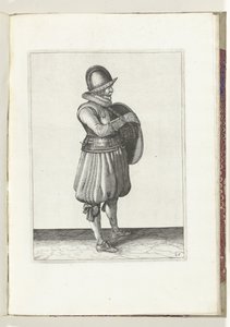 Skjold- og piggeøvelsen: Soldaten trækker sin arm fra skjoldets bælte (nr. 25), 1618 Nassausche Wapen-Handelinge, van Schilt, Spies, Rappier and the Targe: beyde figuerlick afbildet, og indrammet efter den nye orden [af] (...) Maurits af Adam van Breen