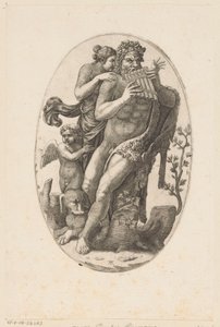 Satyr med panfløjte og en nymfe