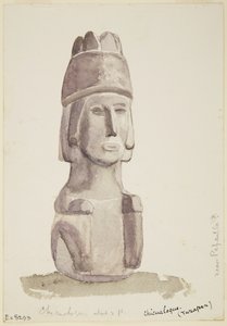 2 fod høj stenstatue af et menneskehoved fra Chicualoque, nær Papantla (akvarel) af Adela Breton