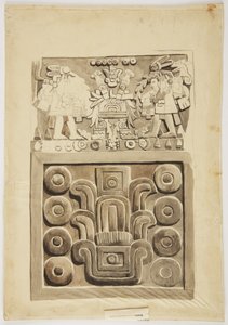 Et stenrelief fra Mexico City, der øverst viser to figurer af krigere, der vender mod et centralt dekoreret 