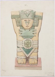 Akvarelkopi af stuccofacaden på templet på pyramiden ved Acanceh Fuld skala To rækker figurer inden for en trinformet ramme Figur 1-5 (akvarel) af Adela Breton