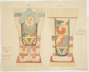 Karyatid fra det ydre kammer, Jaguarernes Øvre Tempel (Tempel A), boldbane, Chichen Itza (akvarel) af Adela Breton