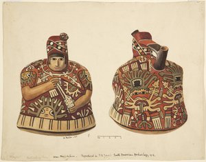Beholder med en menneskelig figur på den ene side og en tud bag hovedet Fra Nazca, Peru (akvarel) af Adela Breton