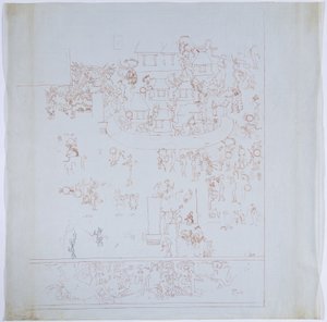 Kopi af et komplet vægmaleri fra vestvæggen, Jaguarernes øvre tempel, Chichen Itza, Mexico Indre kammer på vestvæggen Tegnet med rødt blæk (rød & sort blæk & grafit)