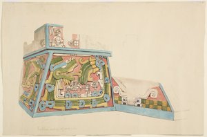 Maleri af et stenrelief fra Xochicalco, Mexico Nordende af vestsiden af nedre terrasse Akvarel (akvarel) af Adela Breton
